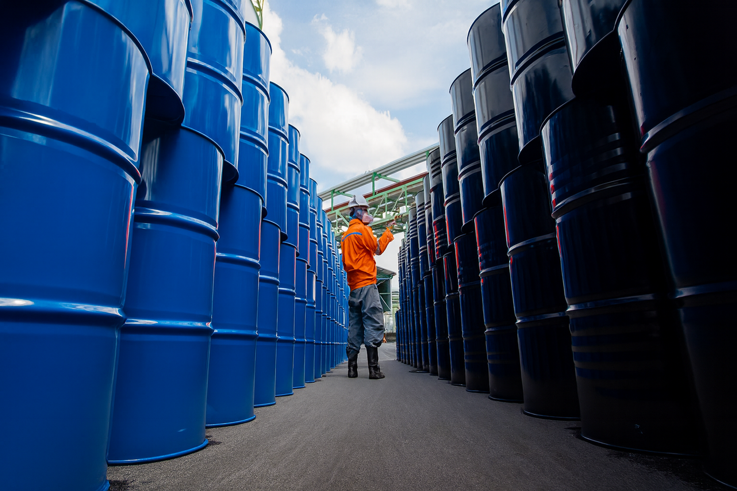 Person in orange jacket standing between rows of blue and black barrels. Man walking between rows of stored oil drums in a LubeLine warehouse, illustrating safe industrial storage and handling