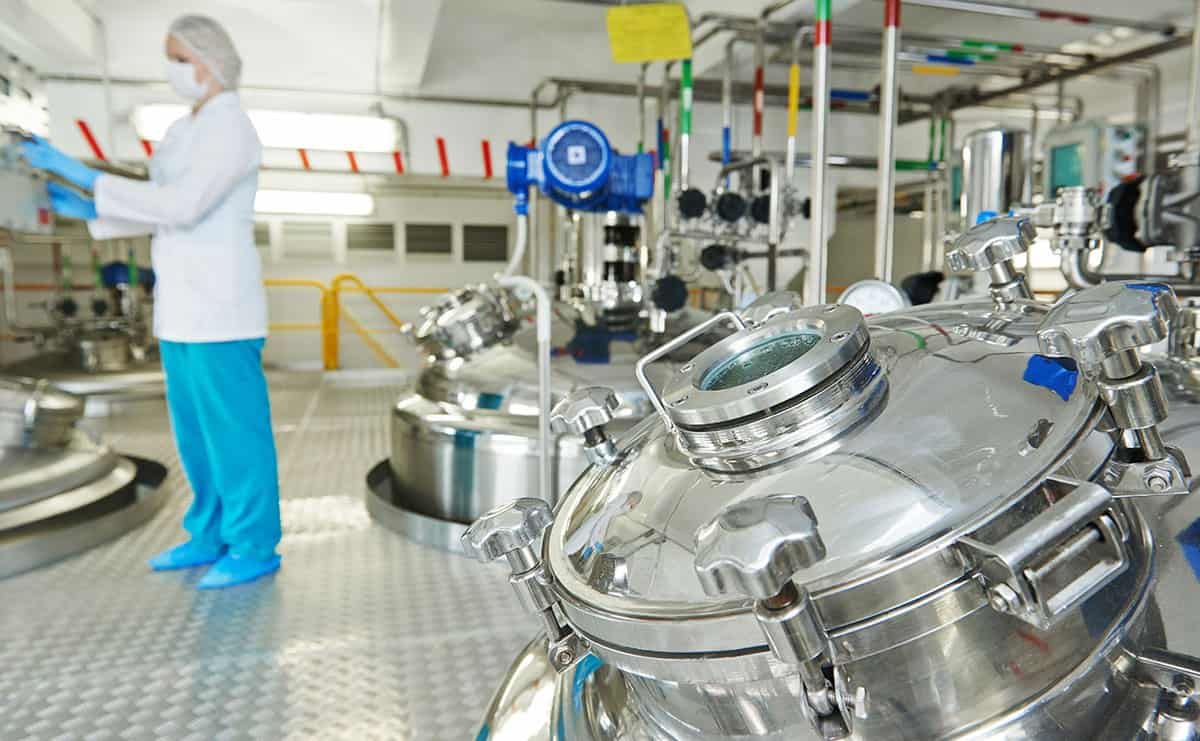 Pharmaceutical factory interior, illustrating LubeLine industrial lubricants and solutions for clean manufacturing environments
