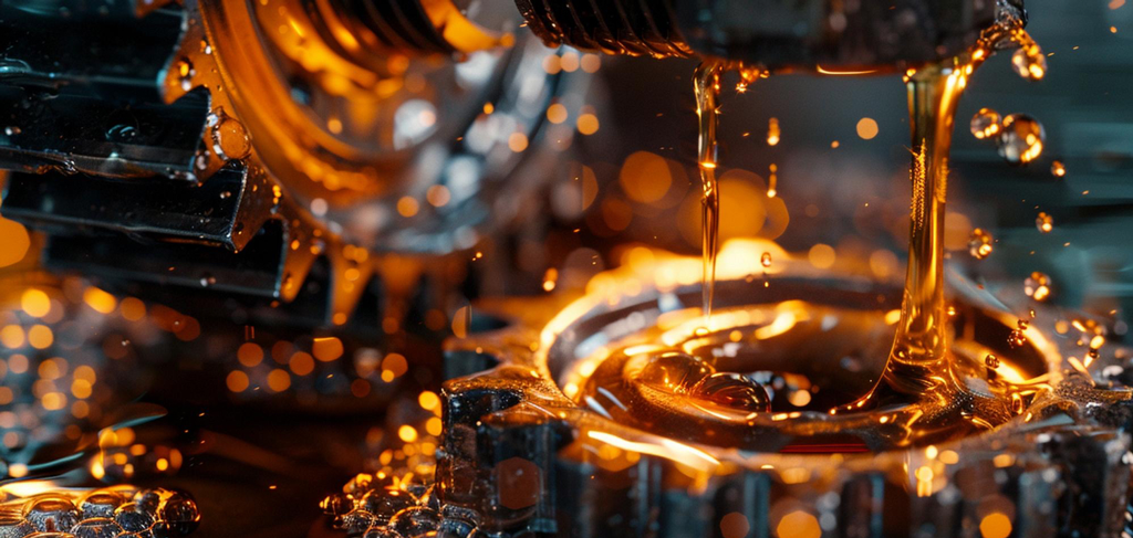 Oil flowing over meshing industrial gears, illustrating LubeLine gear lubrication