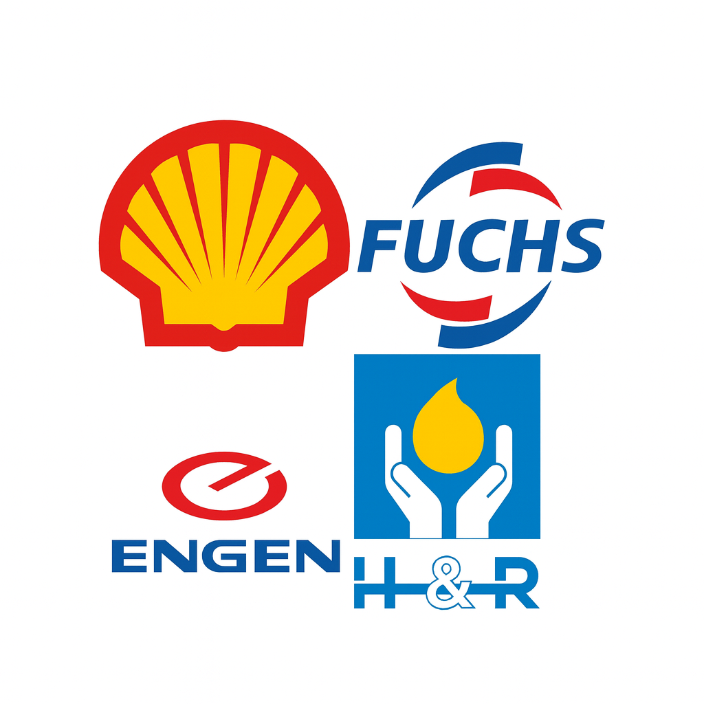 Logos of Shell, Fuchs, Engen, and H&R, highlighting LubeLine’s partnerships with leading global lubricant brands